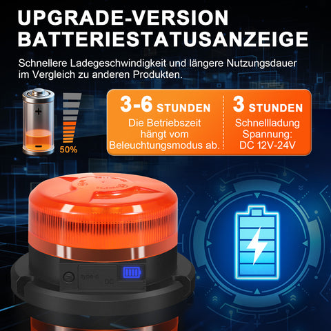 Antom Rundumleuchte akku mit Display 9 Blinkmodi LED Rundumleuchte 12V Magnet orange Warnleuchte mit Kfz-Ladegerät und USB Kabel für Auto LKW Traktoren Golfwagen SUV  [Energieklasse A+++]