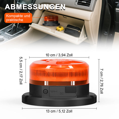 Antom Rundumleuchte akku mit Display 9 Blinkmodi LED Rundumleuchte 12V Magnet orange Warnleuchte mit Kfz-Ladegerät und USB Kabel für Auto LKW Traktoren Golfwagen SUV  [Energieklasse A+++]