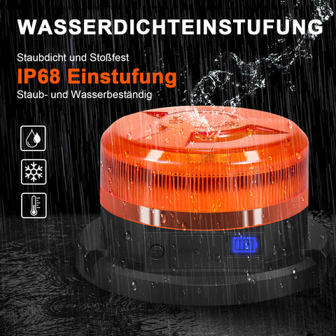 Antom Rundumleuchte akku mit Display 9 Blinkmodi LED Rundumleuchte 12V Magnet orange Warnleuchte mit Kfz-Ladegerät und USB Kabel für Auto LKW Traktoren Golfwagen SUV  [Energieklasse A+++]