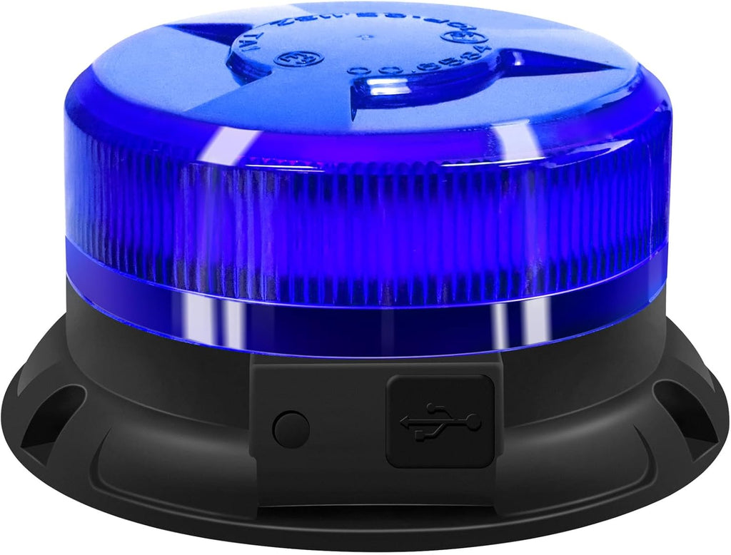 Faro giratorio de batería Antom con luz azul LED, 9 patrones de destello, luz de advertencia de 12 V y 24 V, imán LED con cargador de coche y cable USB para coche, camión, tractor, carrito de golf y SUV 