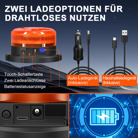 Antom Rundumleuchte akku mit Display 9 Blinkmodi LED Rundumleuchte 12V Magnet orange Warnleuchte mit Kfz-Ladegerät und USB Kabel für Auto LKW Traktoren Golfwagen SUV  [Energieklasse A+++]