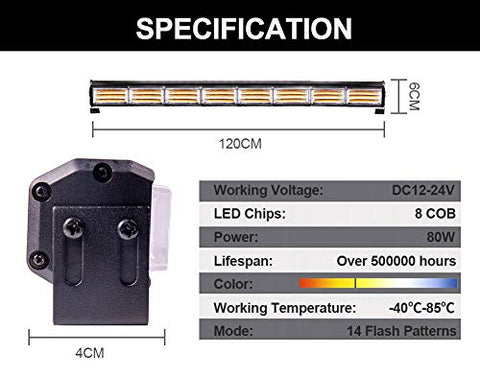 120cm LED Rundumkennleuchte 80W Gelb Rundumleuchte für Auto Anhänger Wohnwagen SUV -14 Blinkende Stroboskop-Modi